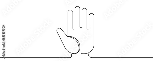 Open palm. Stop or hello gesture. Drawing in one line art style with editable black stroke on a white background. Vector illustration.