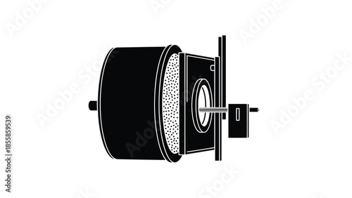 Black silhouette icon of an industrial cylindrical filter or machine component with rectangular housing and central isolated on white background