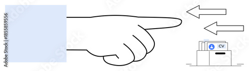 Selection concept. A pointing hand directs focus towards job application with arrows indicating navigation. Selection points to resume CV process. recruitment, user interface, decision making