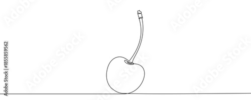 One cherry or sweet cherry berry on a long stem. Drawing in one line art style with editable black stroke on a white background. Vector illustration.