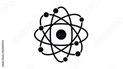 Minimalist black atom structure symbol icon with orbiting electrons, a flat vector graphic representing science and isolated on white background