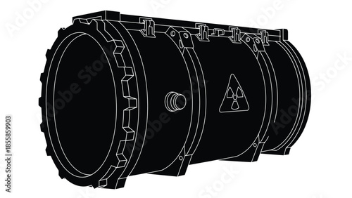 3D render of a black cylindrical object with a radiation symbol isolated on white background