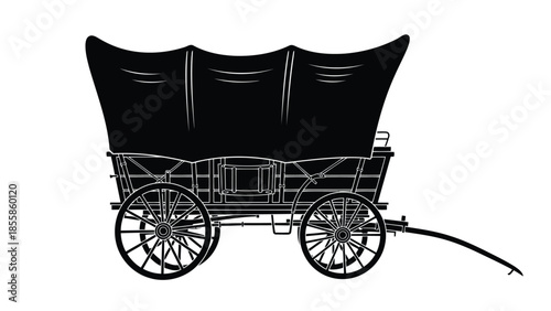 Black silhouette of a covered wagon isolated on white background