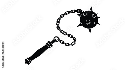 Black silhouette of a flail weapon with spiked ball on a chain, minimalist flat design isolated on white background