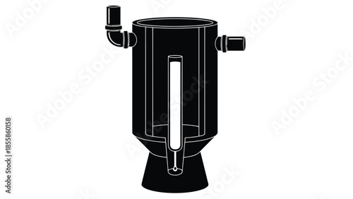 Black silhouette of a plumbing pipe system cyclone separator or industrial filtration unit with inlet and outlet isolated on white background