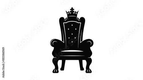 Silhouette of a throne chair with crown on top, black color, flat design, isolated on white background
