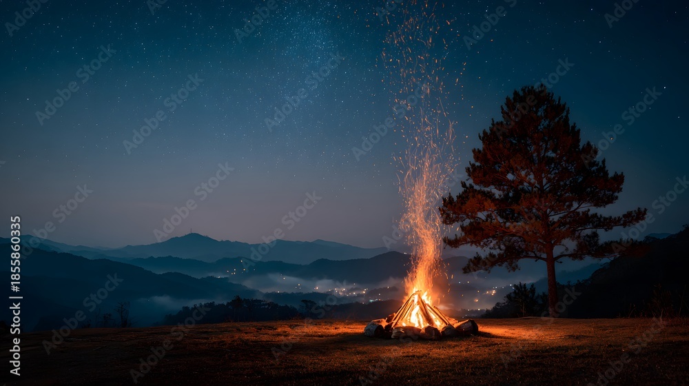 Fototapeta premium Roaring bonfire with sparks flying up into a dark starry night sky with the silhouette of a pine tree and distant mountains visible.