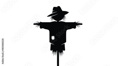 Black silhouette of a scarecrow wearing a hat on a isolated on white background