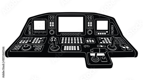 Black silhouette of a control panel with screens and buttons isolated on white background