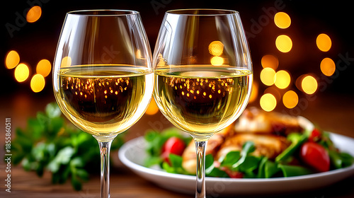 Romantic Dinner for Two: White Wine and Gourmet Meal with Soft Bokeh Lights