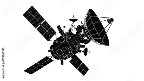 Black silhouette satellite spacecraft with solar panels and dish antenna isolated on white background