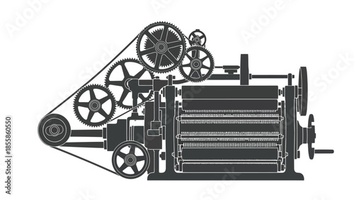 Detailed black silhouette of an old mechanical device with interlocking gears and rollers on a isolated on white background