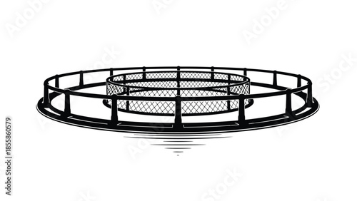 Black silhouette of a circular cage with metal fence isolated on white background