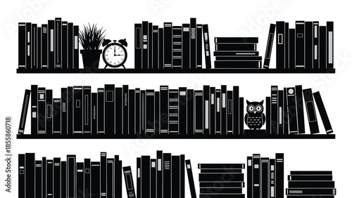 Detailed bookshelves with books, a potted plant, alarm clock, and owl figure on three shelves in flat vector silhouette isolated on white background