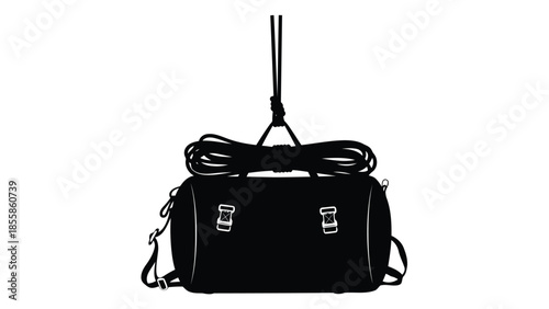 Black silhouette of a duffel bag with coiled rope suspended, , representing outdoor adventure gear isolated on white background