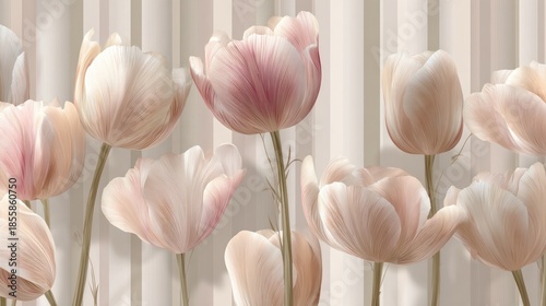 Realistic, painterly illustration of tulips in various stages, against a striped, beige backdrop