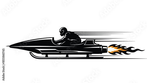 Black silhouette of a speed racer on a rocket-powered bobsled with flames, depicting extreme winter sport or fast isolated on white background