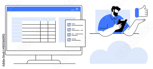 Data analysis, business management, teamwork, online collaboration, cloud technology, remote work. A screen displaying a checklist and a professional holding a tablet. Data analysis and business