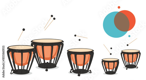 A vibrant illustration of a set of timpani drums in various sizes, with drumsticks and abstract musical elements.