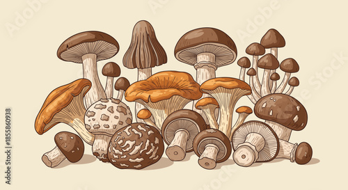 Detailed vintage-style engraving illustration of a diverse collection of edible and wild mushrooms in earthy tones.