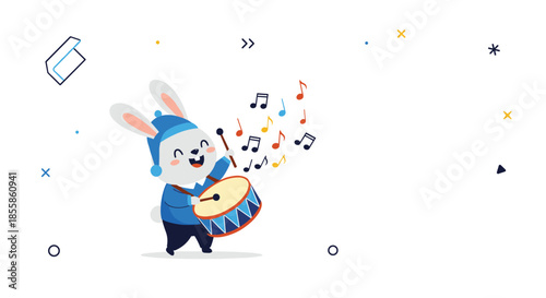 Adorable cartoon rabbit wearing a blue winter hat and jacket, smiling while playing a drum, creating a lively symphony of colorful music notes.