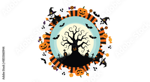 A festive Halloween illustration featuring a spooky tree, gravestones, bats, pumpkins, ghosts, and candy within a circular striped border.