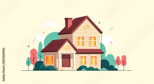 A charming cartoon-style house with glowing windows and a red roof, surrounded by colorful trees and whimsical clouds, sits on a sunny day.