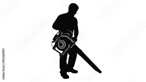 Silhouette of a man holding a leaf blower against a isolated on white background