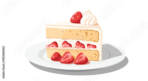 A delicious slice of strawberry shortcake, layered with fresh cream and ripe strawberries, elegantly presented on a white plate, perfect for dessert.