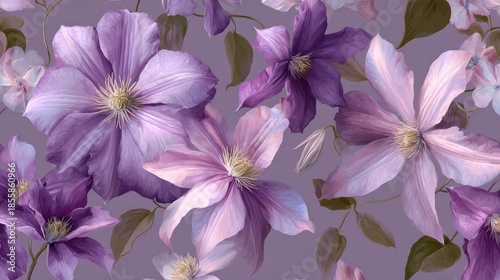 Floral wallpaper with light purple and lavender flowers in a dense arrangement