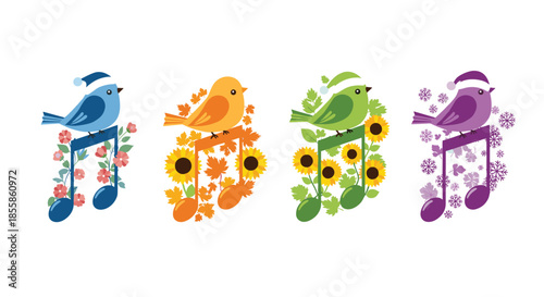 A vibrant collection of four cute birds, each representing a season and sitting on a music note decorated with themed natural elements.