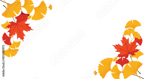 Decorative autumn leaves border featuring vibrant ginkgo and maple foliage on a clean white background, perfect for seasonal designs and greetings.