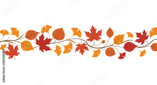 Seamless horizontal border of vibrant autumn leaves, featuring maple, ginkgo, and birch in warm red, orange, and yellow tones on a white background.