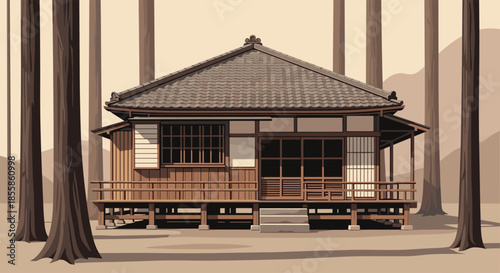 A traditional Japanese wooden house with a tiled roof and porch, nestled among tall trees in a serene, pixelated forest landscape.