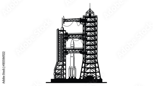 Silhouette of a rocket on a launchpad with scaffolding structure flat vector isolated on white background