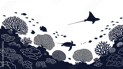Black silhouette of marine life with coral reef and ocean creatures on , flat design isolated on white background