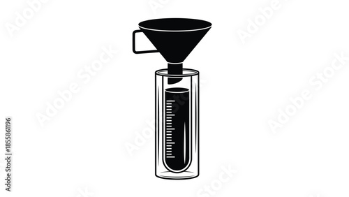 Black silhouette of a funnel on a measuring cylinder, flat design isolated on white background