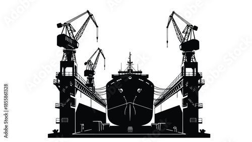 Large cargo ship docked at a port with cranes silhouette isolated on white background