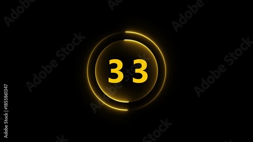 Yellow Neon Number 33 Inside a Glowing Circle on Black Background thirty three numeral
