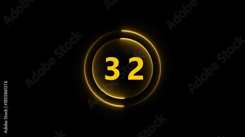 Yellow Neon Number 32 Inside a Glowing Circle on Black Background thirty two numeral