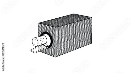 Detailed black and white grid patterned box with protruding cylindrical object and lever isolated on white background