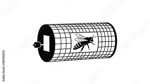 Black and white flat illustration of a bee in a cylindrical cage isolated on white background