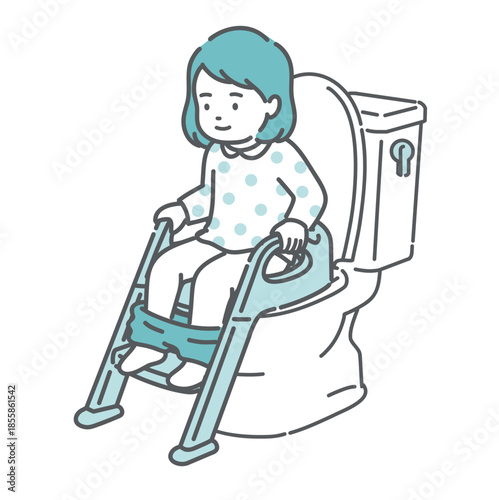 補助便座とステップを使ってトイレトレーニングをする女の子のイラスト（トイトレ・成功）