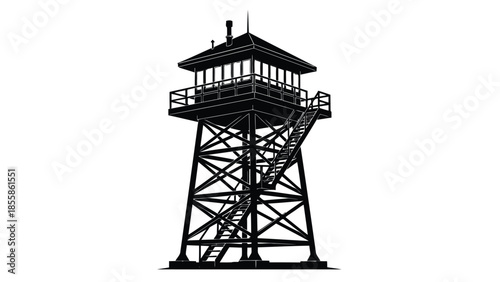 Black silhouette of a watchtower with a staircase and railing on a isolated on white background