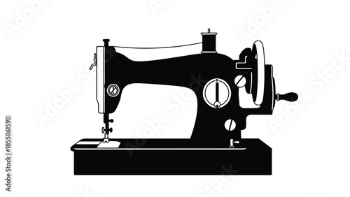 Black silhouette of a vintage sewing machine isolated on white background