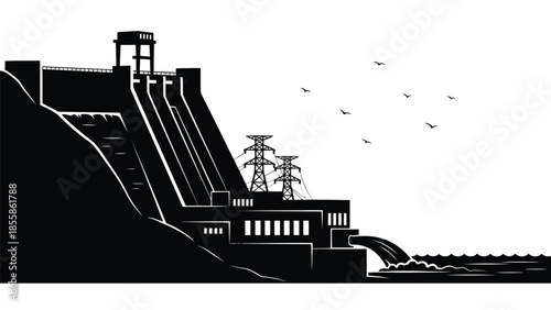 Hydroelectric Dam Silhouette with Power Lines and Birds Flying Overhead isolated on white background