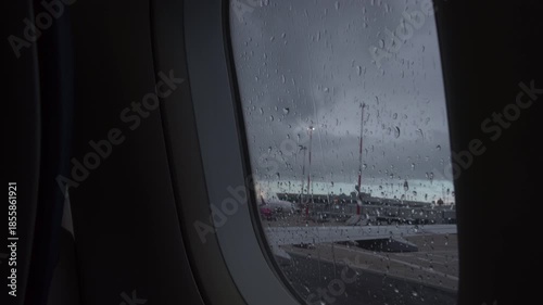 Aircraft Window with plane with rainy window and raindrops