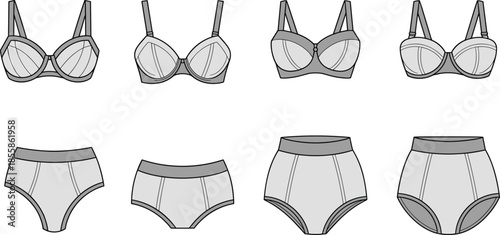 Collection of black and grey line art illustrations of bras and underwear lingerie panties