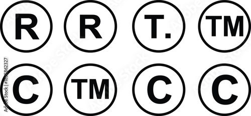 Collection of trademark and copyright symbols RTMC on white background registered