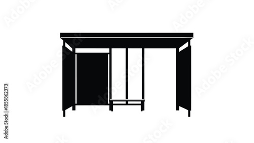 Minimalist black silhouette of a table with a shelf isolated on white background